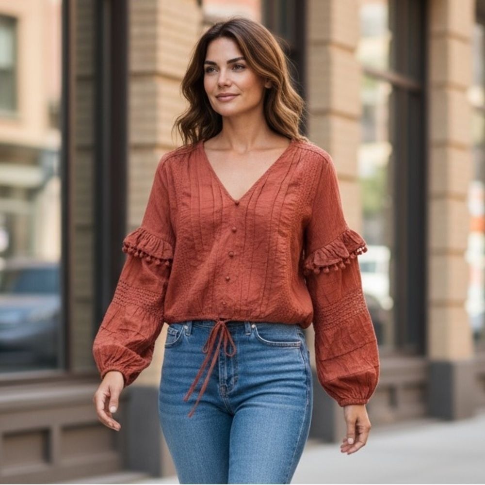 House Of Harlow 1960 Boho Crochet Burnt Orange Boho Peasant  Blouse, L